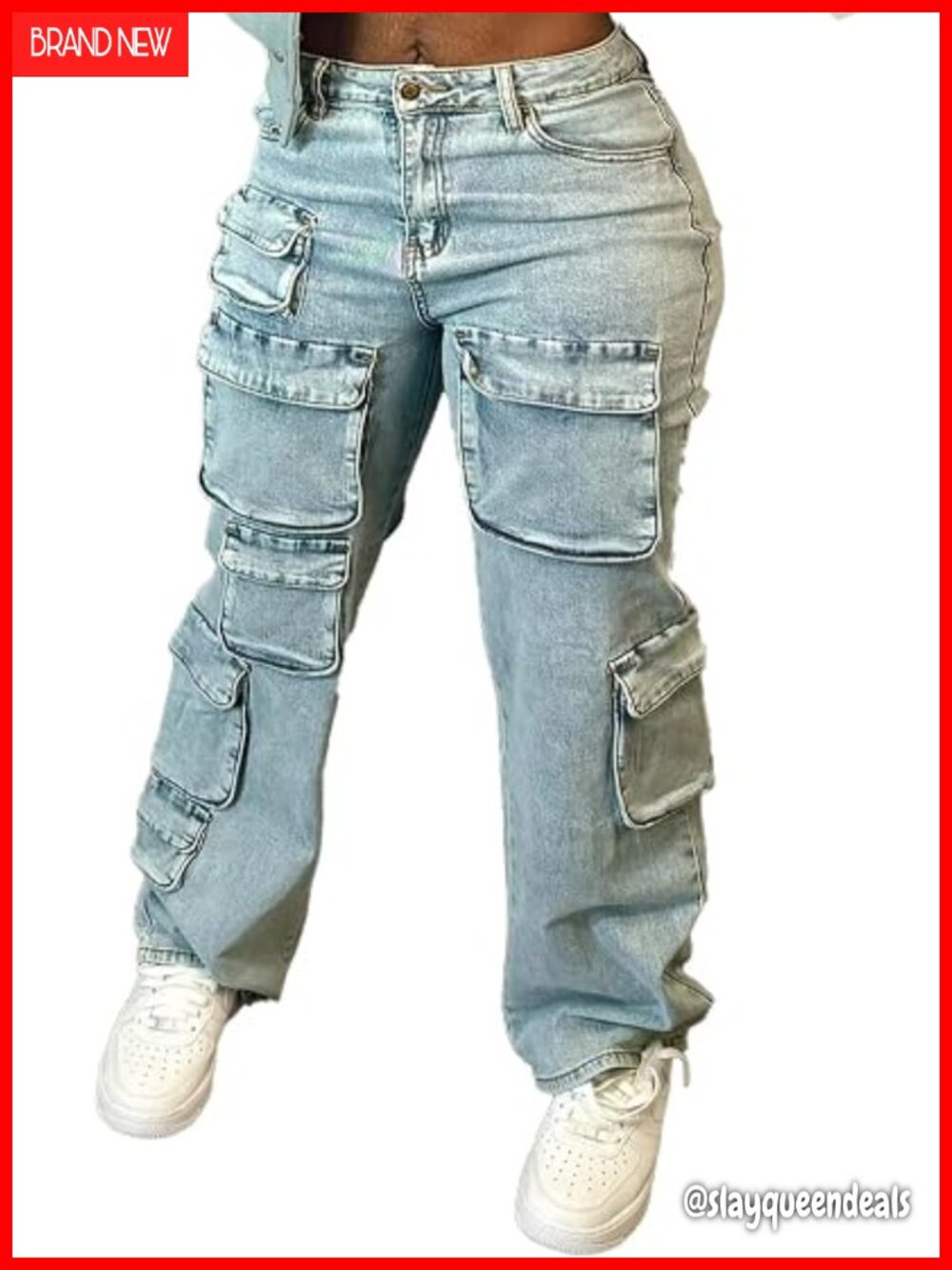 High Waisted Cargo Jeans Stretchy Straight Leg with Pockets